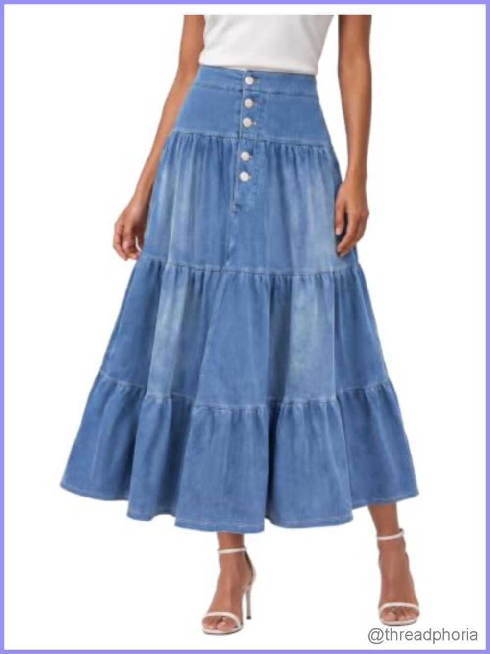 Women's Long Denim Maxi Skirt High Waist 5-Button Tiered Ruffled Stretch